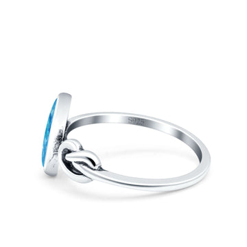 Vintage Style Oval Knot Ring Solid Oxidized Lab Created Blue Opal 925 Sterling Silver